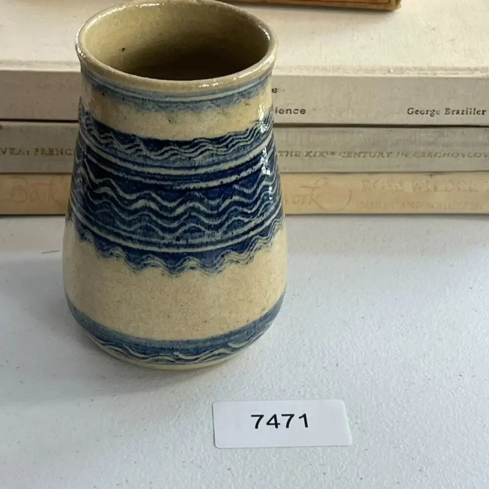 Studio Art Pottery Handmade Jar Vase Signed Ivory Blue Striped Zig Zag 5.5”